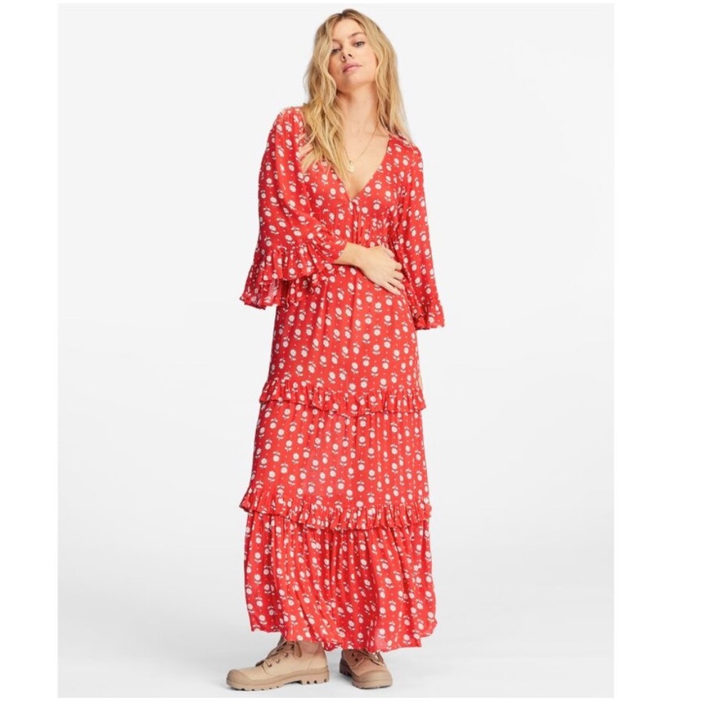 Billabong Red Floral V-Neck Tiered Maxi Dress